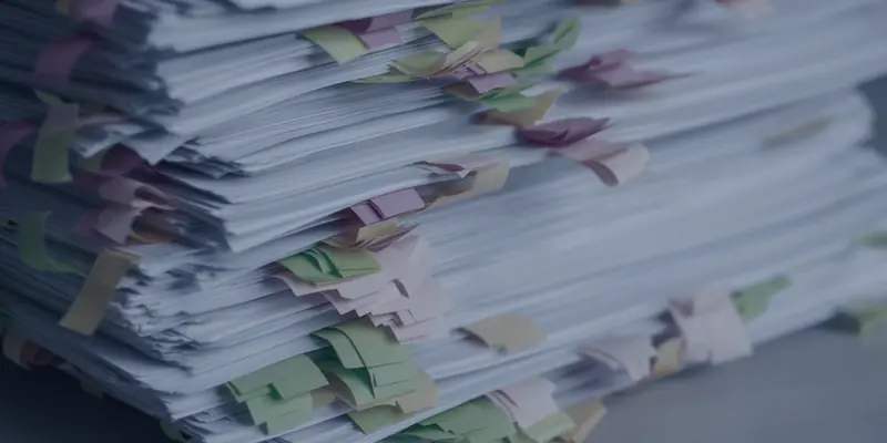 A tall stack of papers bristling with coloured sticky tabs
