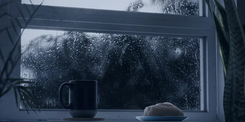 A mug of coffee and a pastry on a window sill as rain runs down the glass